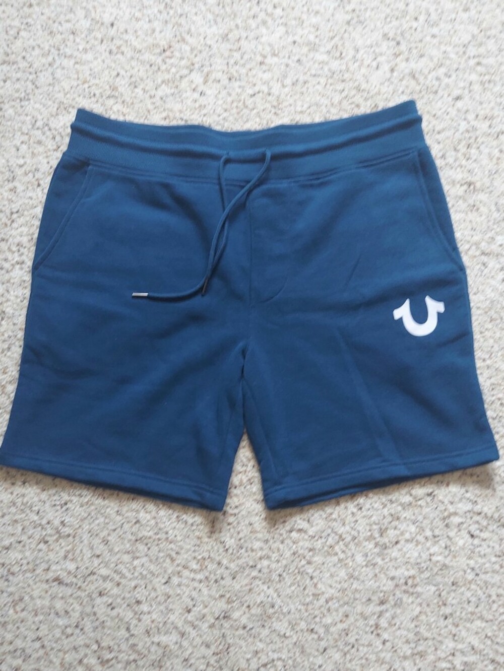 NWOT True Religion Horseshoe Logo Fleece Cotton Shorts Turquoise Blue Large